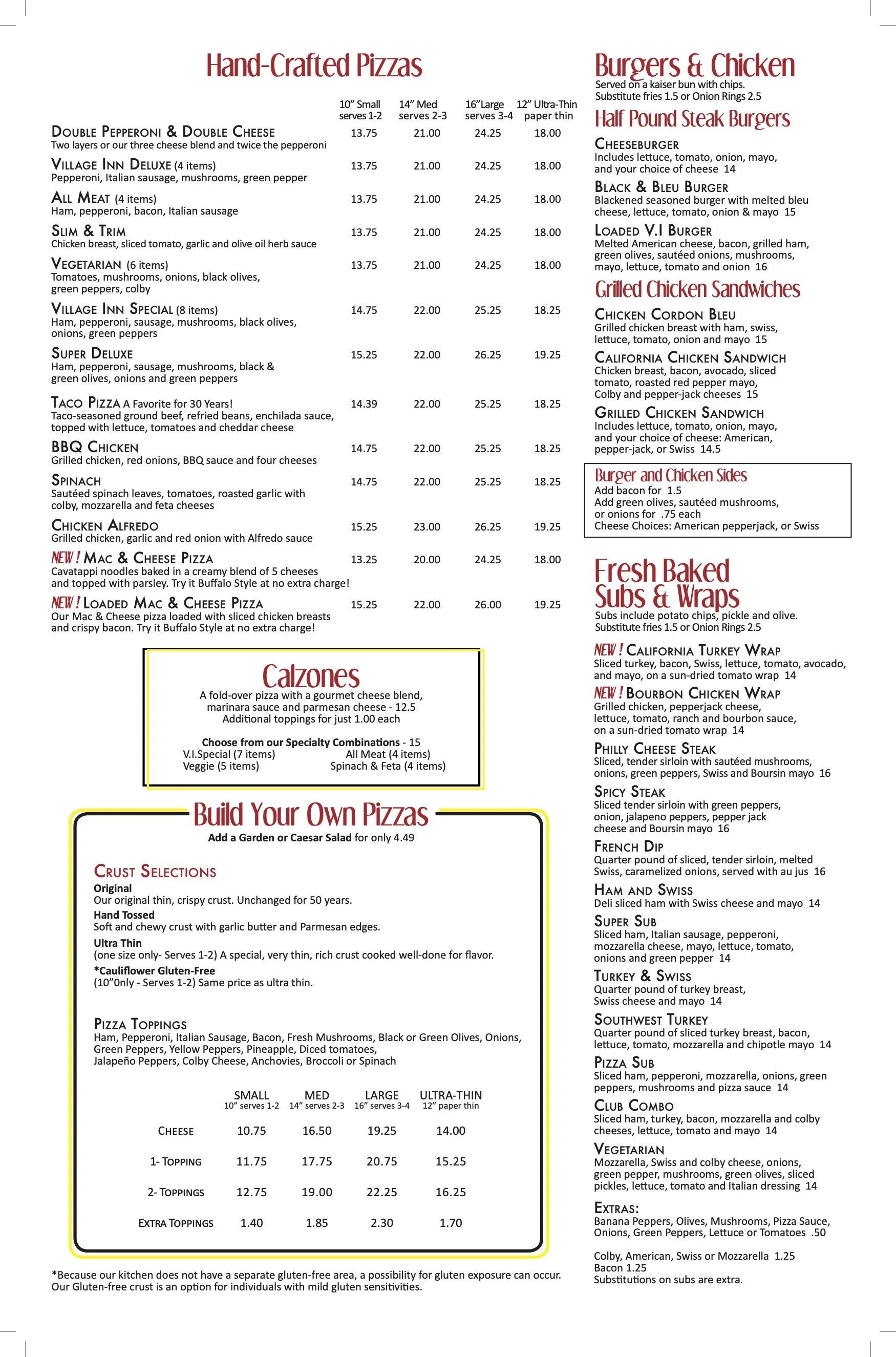 Lunch Dinner Menu Village Inn Pizza